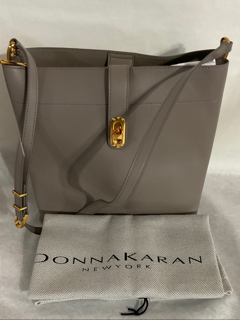 Donna Karan Taupe Shoulder Bag with Gold-Tone Turn Lock